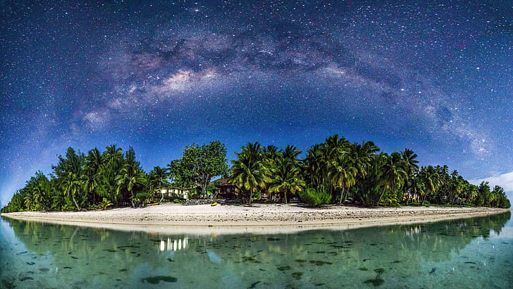 Aitutaki Cook Islands Night On Tropical Island Palm Trees Bungalows Beach Sand Water Star Sky Uhd 4k Wallpapers For Desktop Mobile Phones 3840×2160