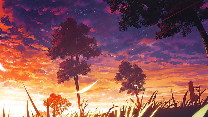 trees digital wallpaper, landscape, purple, orange, anime, sky, HD wallpaper