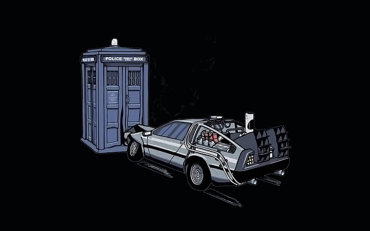 back to the future illustration, crossover, Doctor Who, black background, HD wallpaper