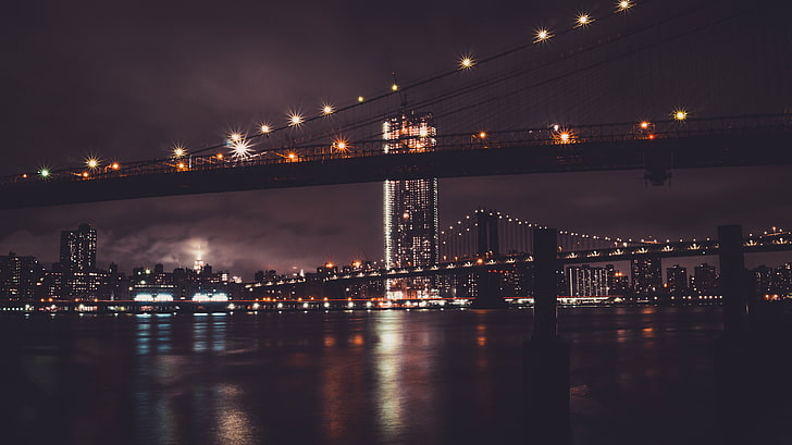black metal bridge, New York City, night, cityscape, Brooklyn Bridge