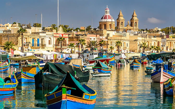 Marsaxlokk Bay, Marsaxlokk, Malta, boats, buildings