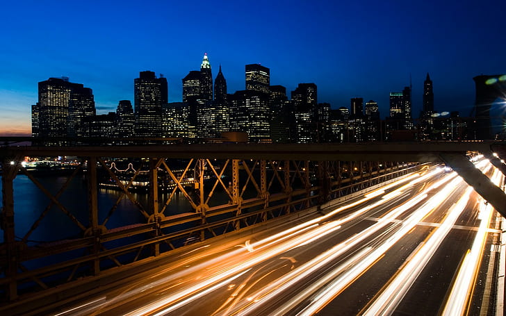 cityscape, New York City, bridge, long exposure, Brooklyn Bridge, HD wallpaper