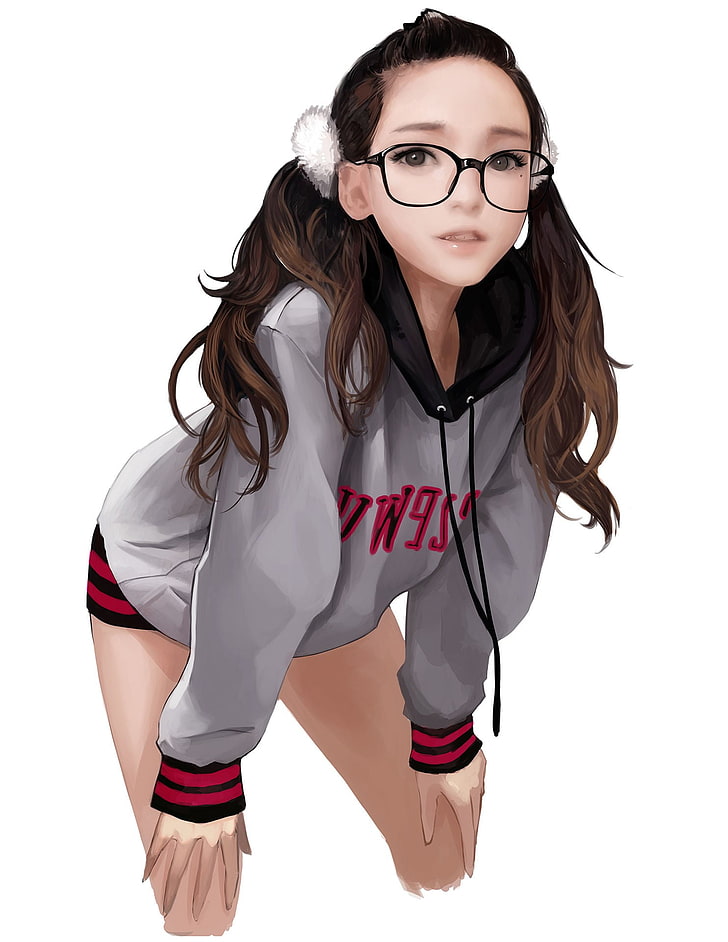brown haired girl illustration, 2D, anime, white background, eyeglasses, HD wallpaper