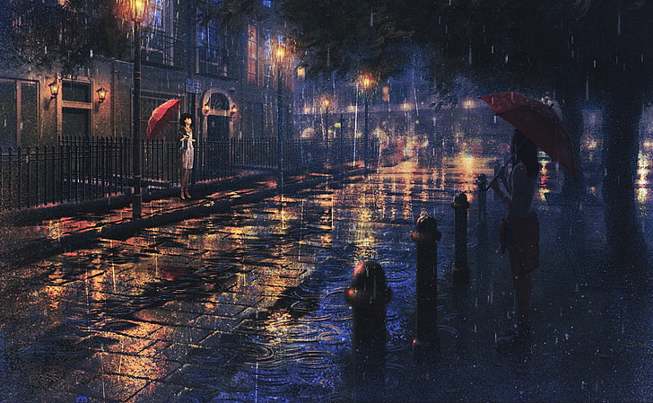 HD wallpaper: anime, anime girls, artwork, rain, umbrella, night,  illuminated | Wallpaper Flare