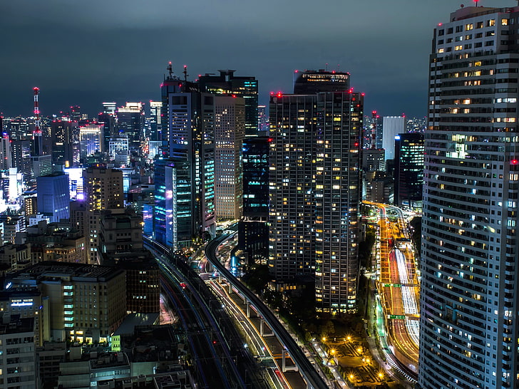 grey high rise building, cityscape, night, Tokyo, building exterior, HD wallpaper