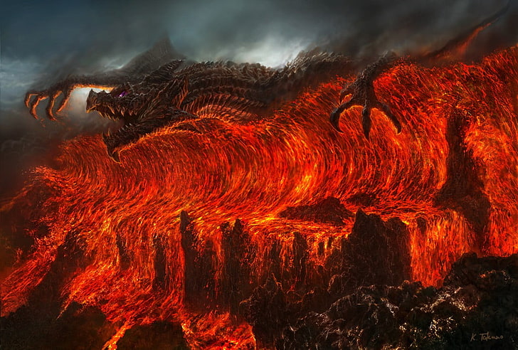 monster above lava painting, dragon, fire, geology, volcano, no people