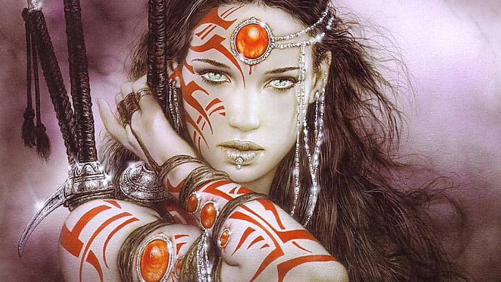 Luis Royo HD, woman in black hair with red tattoo video game character