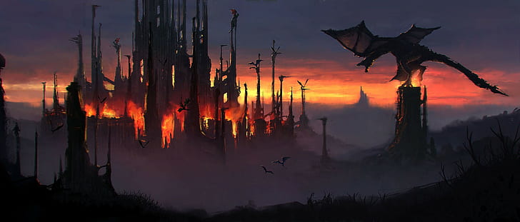 dragon, artwork, apocalyptic, fantasy art, fantasy city, fire