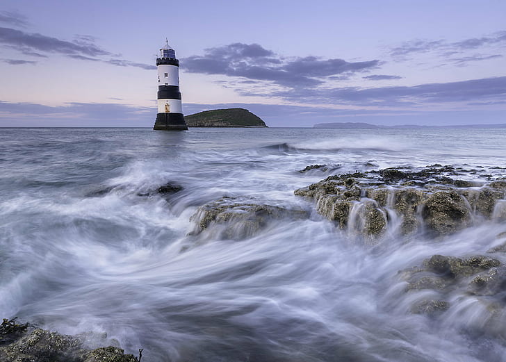 photo of white and black lighthouse in middle of body of water, penmon, anglesey, penmon, anglesey, HD wallpaper