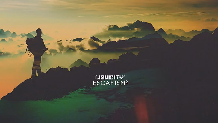 Liquicity Escapism 2 logo, space, sky, colorful, sunset, silhouette, HD wallpaper