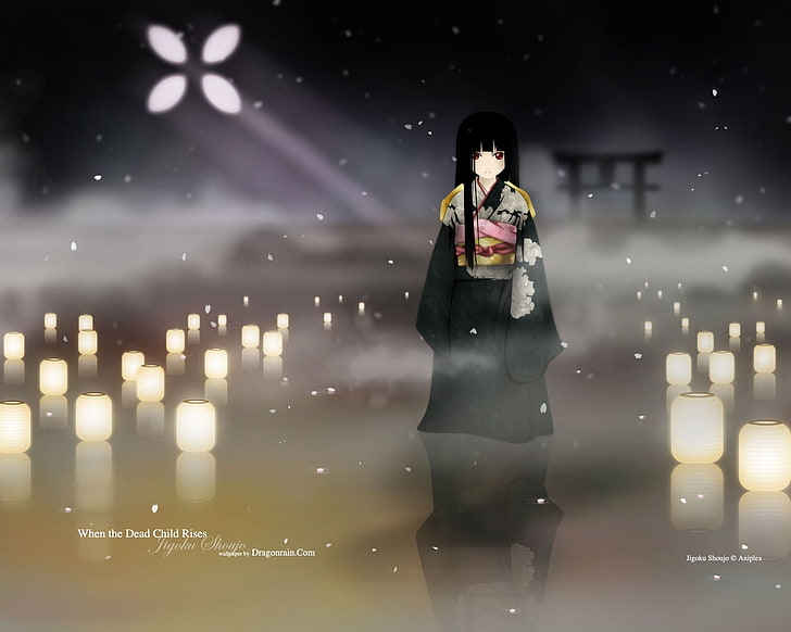Enma Ai, anime girls, Jigoku Shoujo, kimono, lantern, night, HD wallpaper