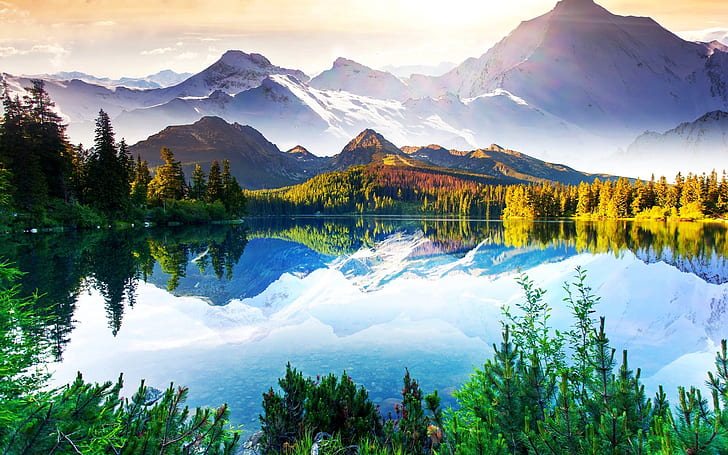 Beautiful nature landscape, mountains, trees, lake, sky, clouds, water reflection