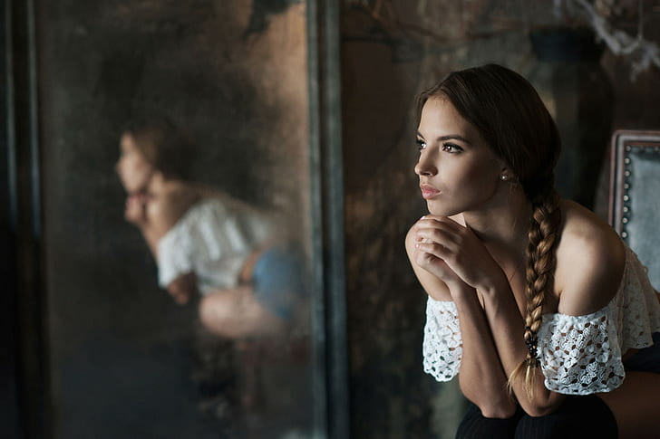 mirror, Victoria Lukina, model, portrait, face, women