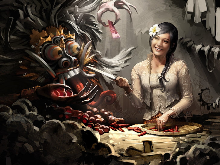 woman holding sword painting, artwork, fantasy art, Indonesia, HD wallpaper