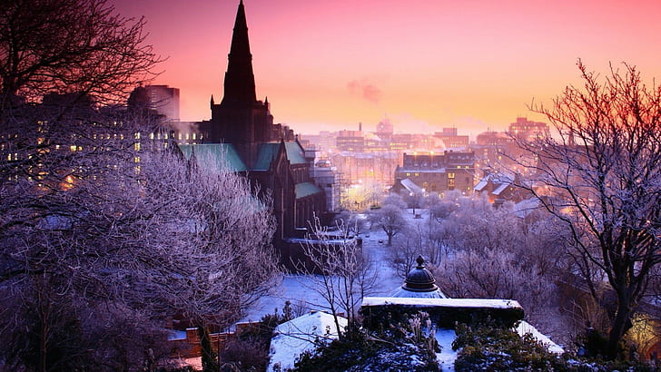 city, purple, winter, snow, sky, sunlight