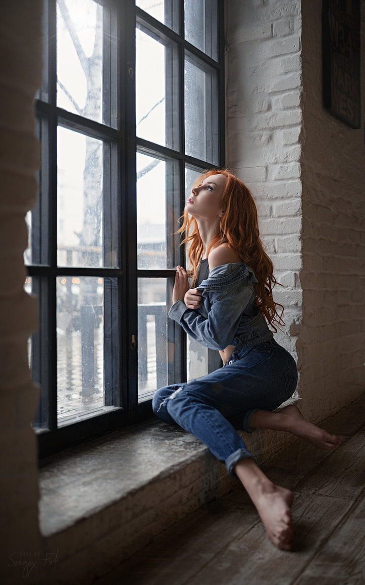 women, model, Sergey Fat, barefoot, window, redhead, 500px, HD wallpaper