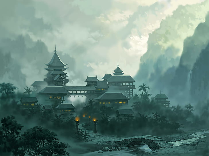 Asian Fantasy Town, architecture, landscape, oriental, cloudy, HD wallpaper