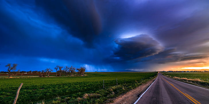 landscape photography of green field, weather, storm, thunderstorm, HD wallpaper