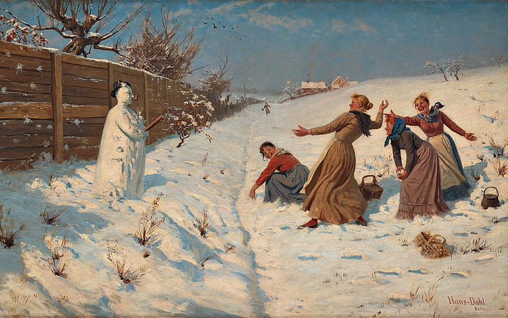 Norwegian painter, Hans Dahl, Throwing snowballs, HD wallpaper