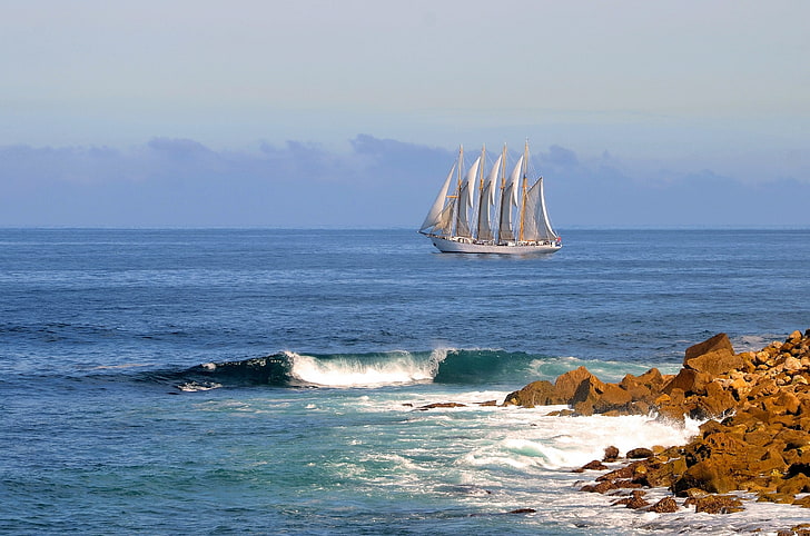 white boat, stones, the ocean, wave, sailboat, Portugal, The Atlantic ocean, HD wallpaper