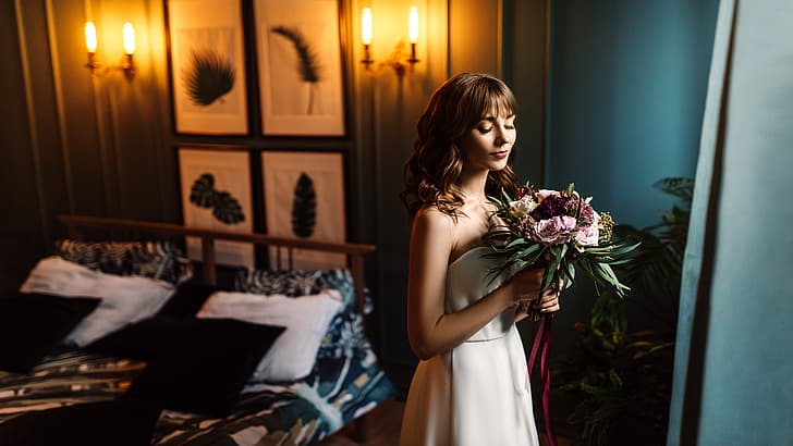 girl, bouquet, dress, Alena, Igor Kondakov, Igor Kondukov, HD wallpaper