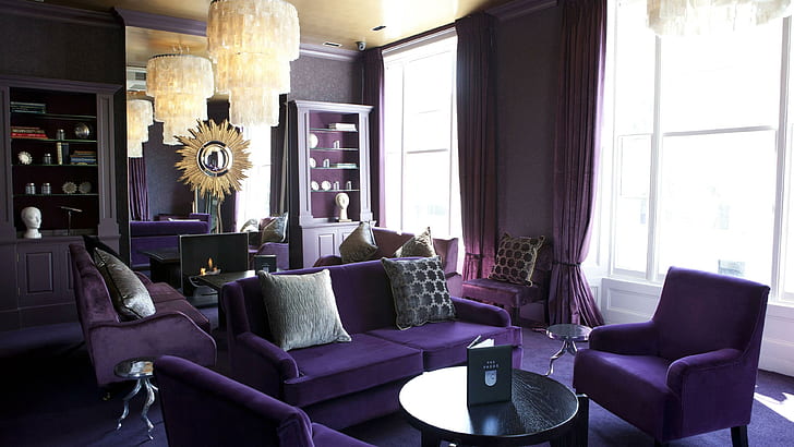 Purple room with purpe furniture, living room set, photography, HD wallpaper