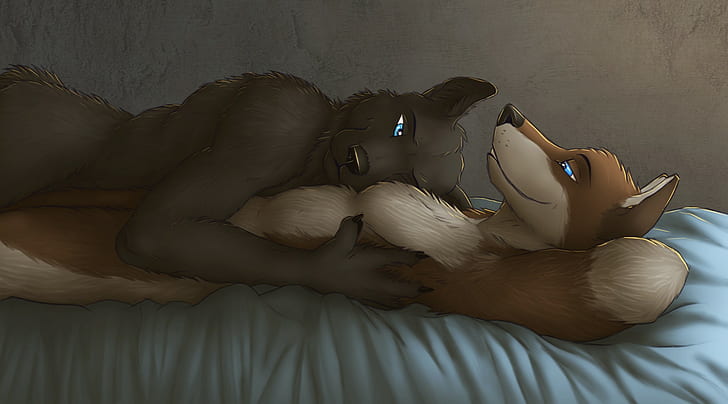 Anthro, blue eyes, Furry, Hugging, In Bed, Lying On Back, wolf