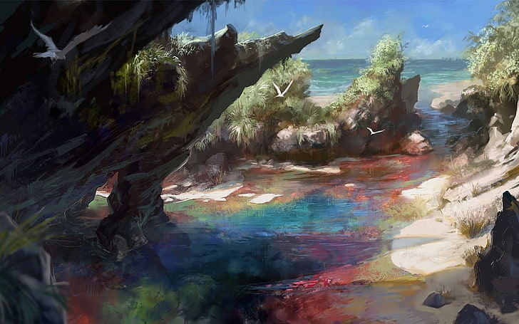 rocks near body of water canvas painting, fantasy art, landscape