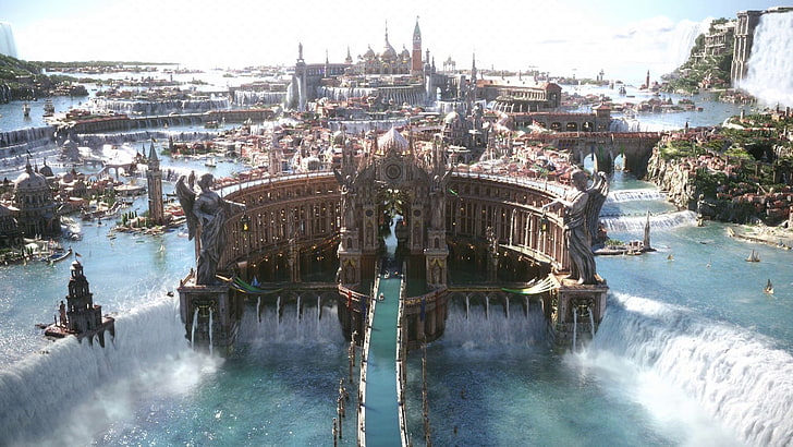brown castle, Final Fantasy XV, video games, Altissia, water