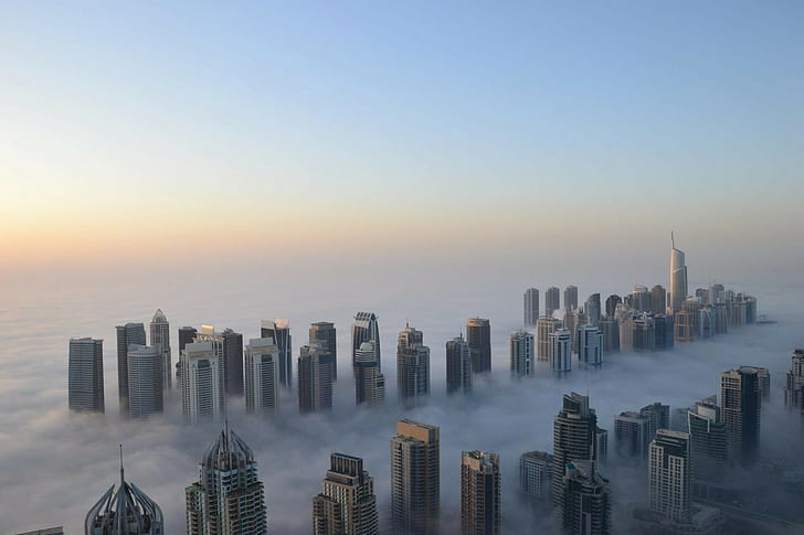 building, Dubai, mist, skyline, HD wallpaper