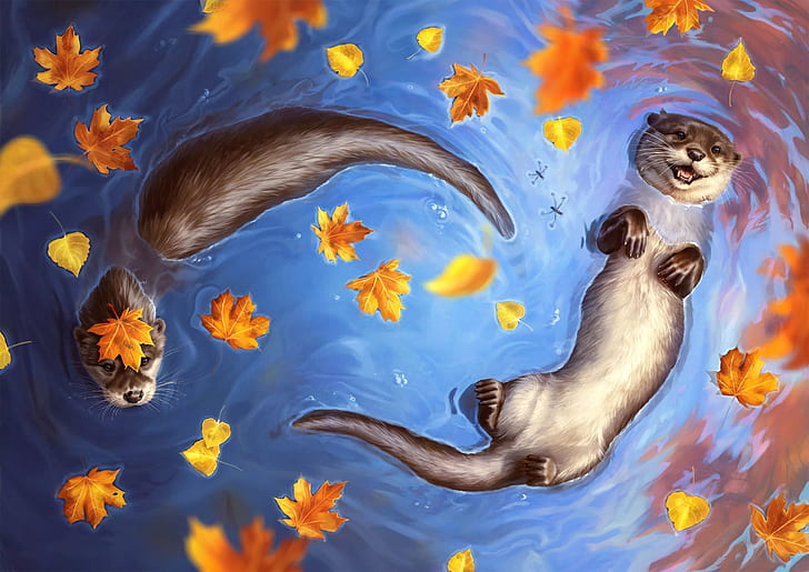 Water, Autumn, Lake, River, Leaves, The view from the top, Otter