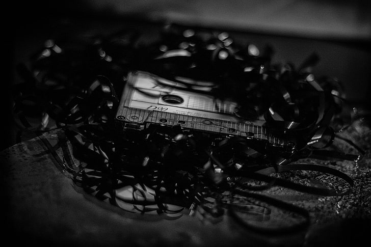 black and gray laptop computer, cassette, indoors, close-up, music
