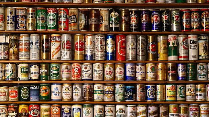 assorted-brand beverage can lot, beer, creativity, alcohol, shelves, HD wallpaper