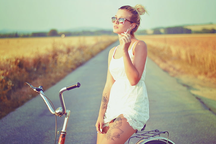 women, model, cigars, tattoo, women with bikes, road, women with glasses