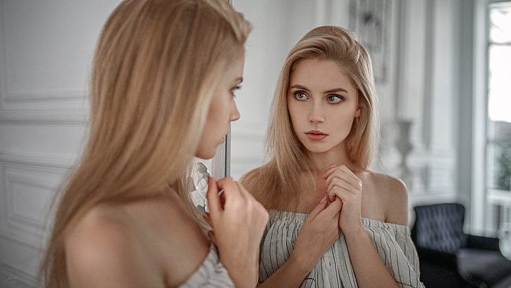women's gray off-shoulder top, blonde, face, mirror, reflection, HD wallpaper