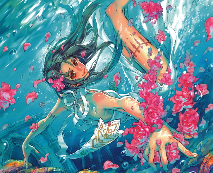 HD wallpaper: anime, art, bubbles, flowers, girl, petals, underwater |  Wallpaper Flare