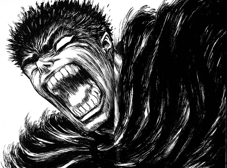 growling man manga scene, Berserk, Guts, Kentaro Miura, close-up