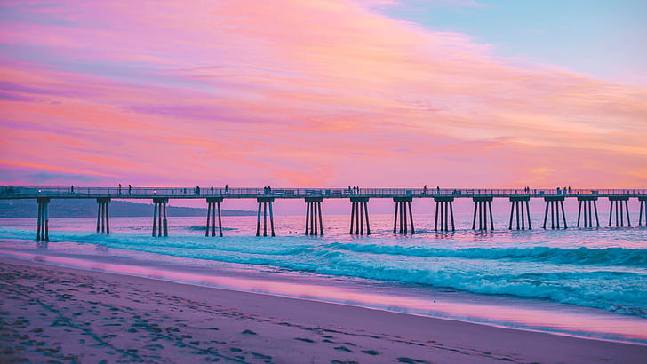 hermosa beach pier, california, united states, wave, pink sky, HD wallpaper