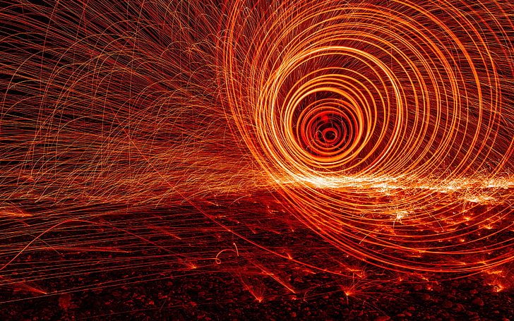 spiral vortex lights abstract long exposure sparks heat streaks light painting, HD wallpaper