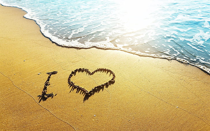 Love heart beach, waves, I Love, sunshine, i heart figure made by stones, HD wallpaper