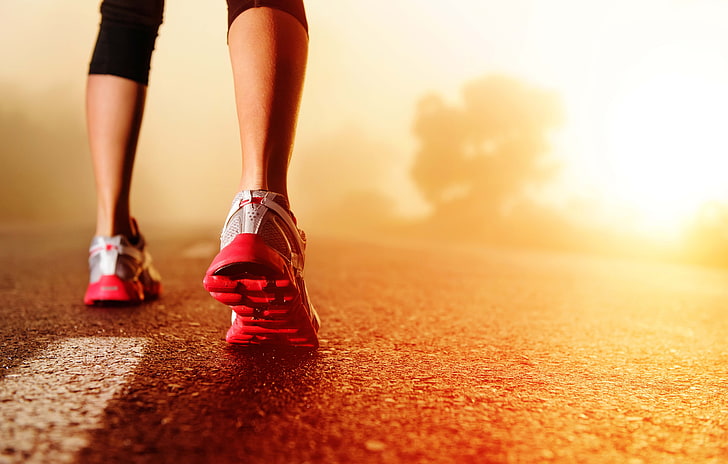 pair of gray-and-red shoes, Run, sports, legs, depth of field, HD wallpaper