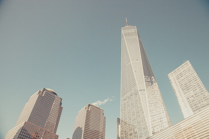 gray high-rise building, modern, blue, sky, minimalism, One World Trade Center, HD wallpaper