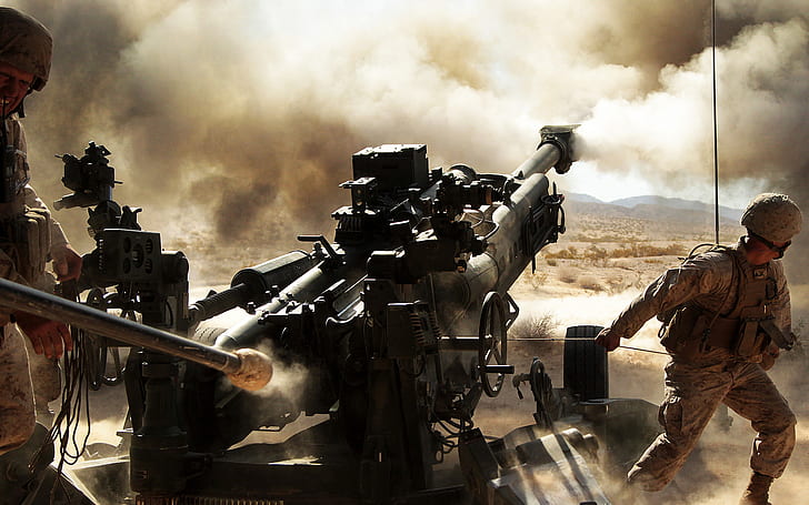 dust, soldiers, volley, artillery, Howitzer, 155 mm, Marines, HD wallpaper
