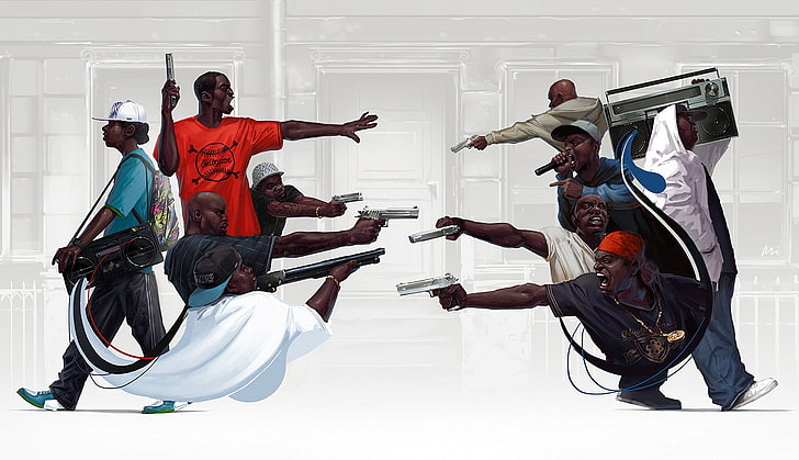group of men holding guns illustration, weapons, rap, gangsta