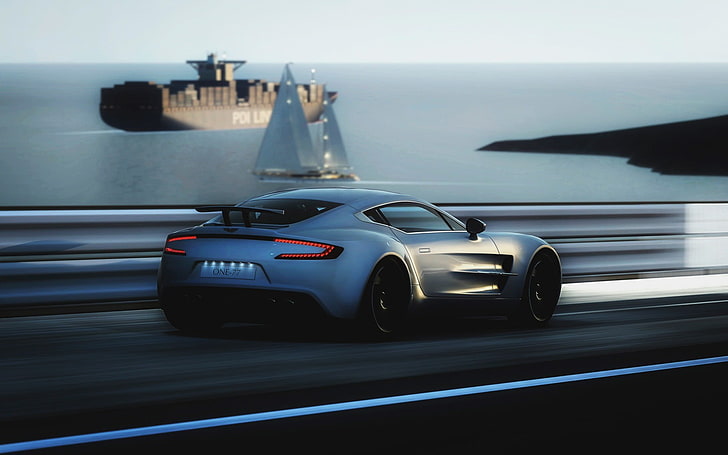 panning photography of sports car with a view of cargo ship, One-77