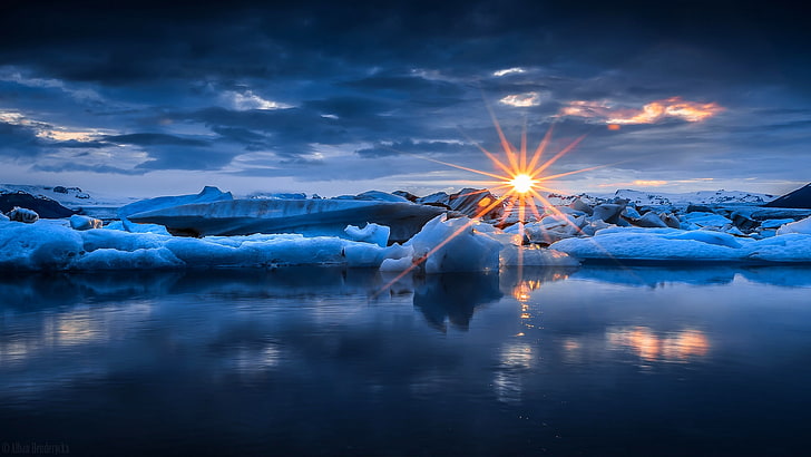 ice glacier, winter, sea, the sky, water, the sun, clouds, rays