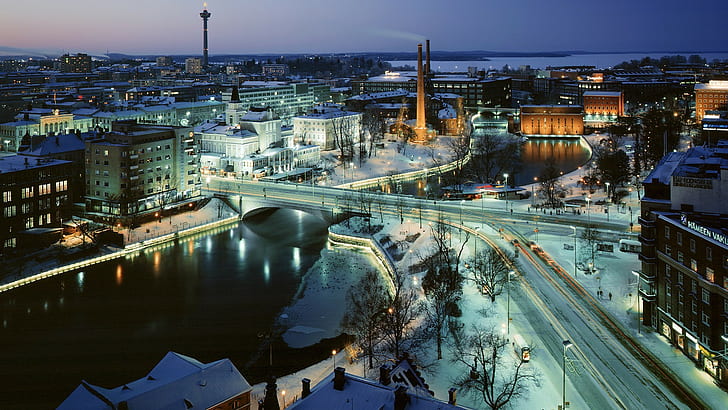 city, long exposure, street, Finland, snow, bridge, river, Tampere
