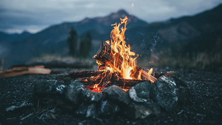 nature, campfire, depth of field, mountains