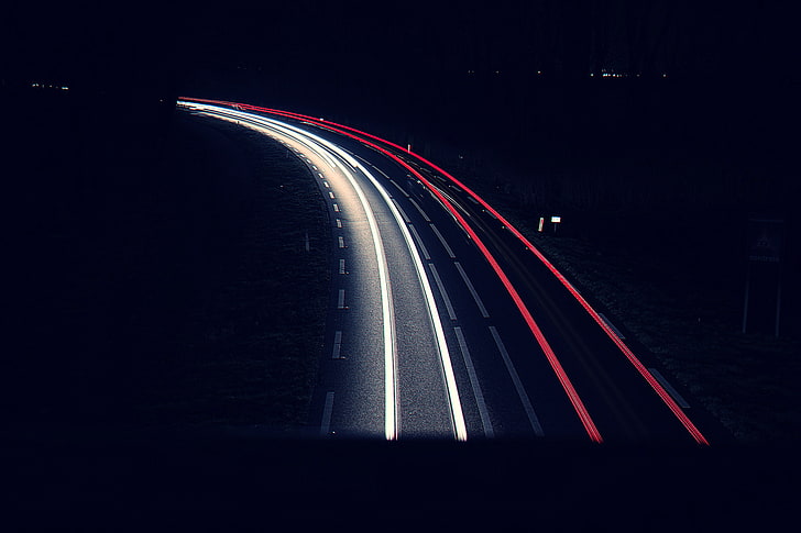 black and red car part, road, lights, night, dark, long exposure