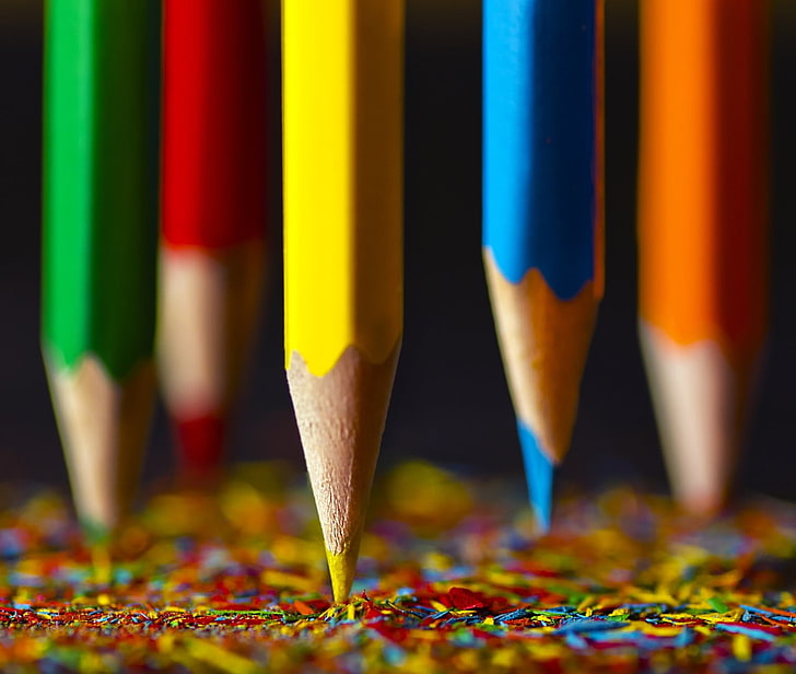 art pencils, wood, yellow, green, blue, orange, red, multi colored